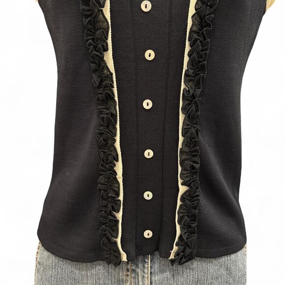 PLUMAGE Korea Knit Ruffle Trim Top Gothic Lolita Coquette Style Black Cream - Picture 3 of 8